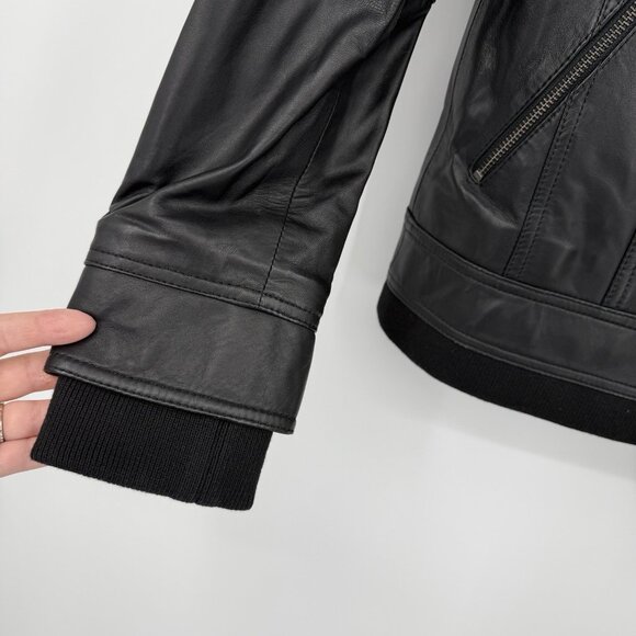 Quince Women's Black Leather Jacket size S Removable Hood Sheep Full Zip Lined - Picture 3 of 16